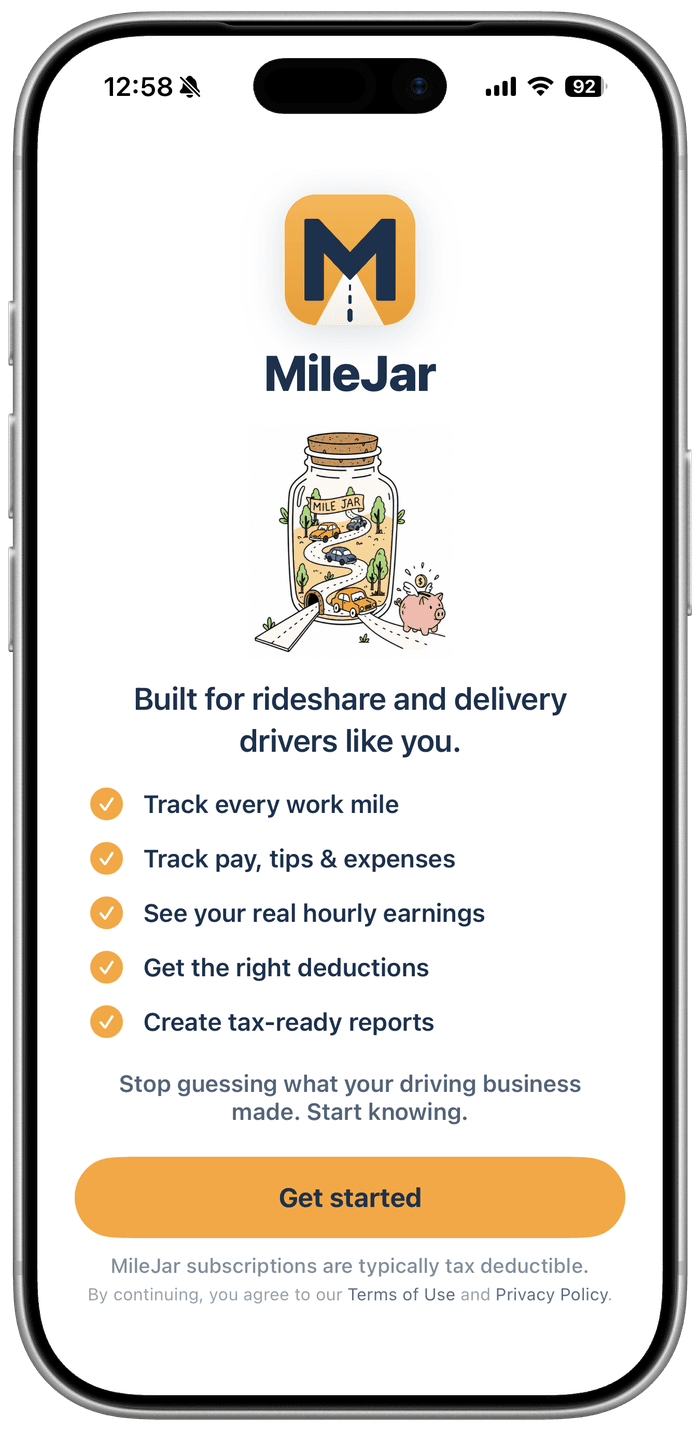MileJar welcome screen: the MileJar jar illustration and the checklist, built for rideshare and delivery drivers like you